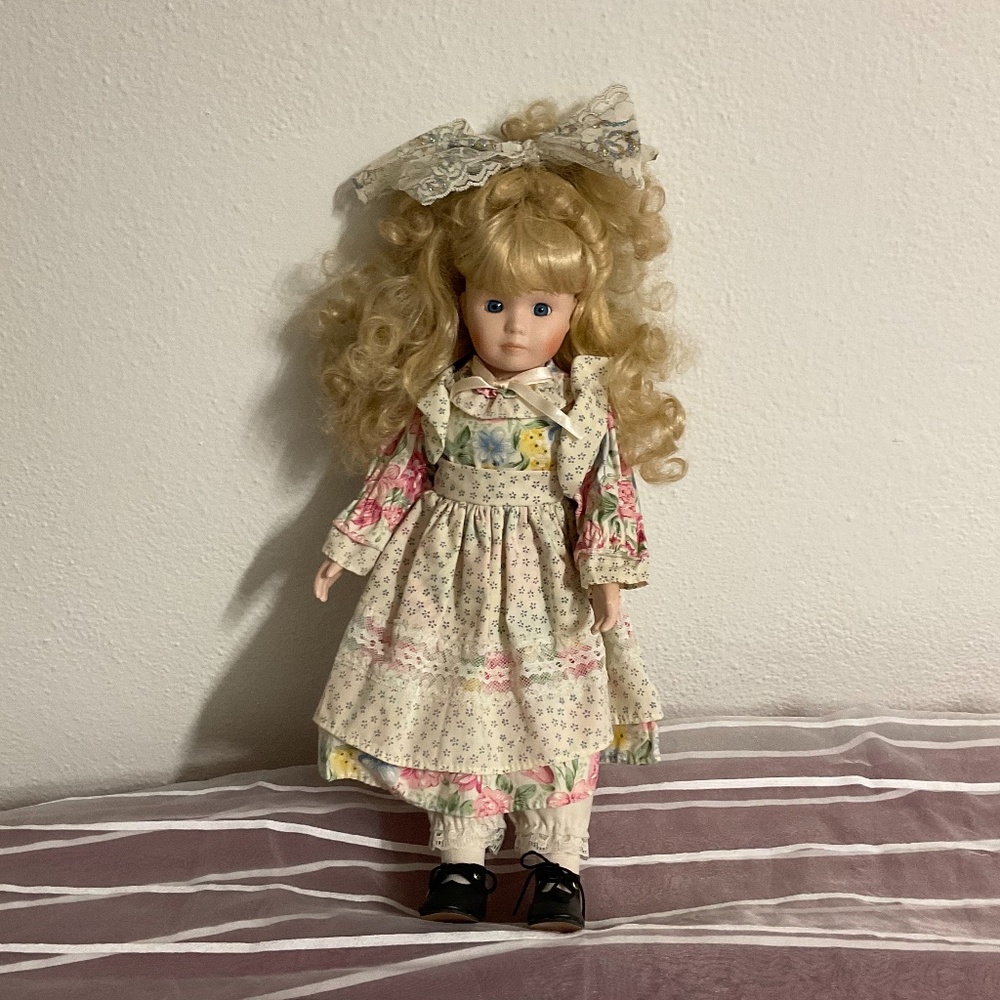 vintage porcelain doll 16 " tall with stand Collectors Collectible